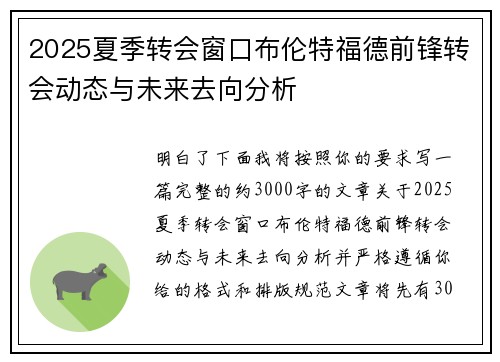 2025夏季转会窗口布伦特福德前锋转会动态与未来去向分析